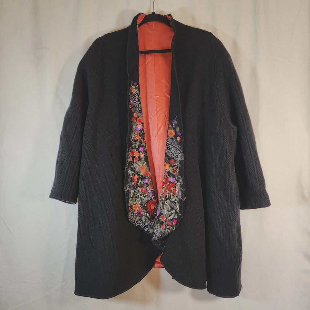 Vintage Hand Made Wool Jacket Silk Lined Velvet Felted Floral Art Lapel XL